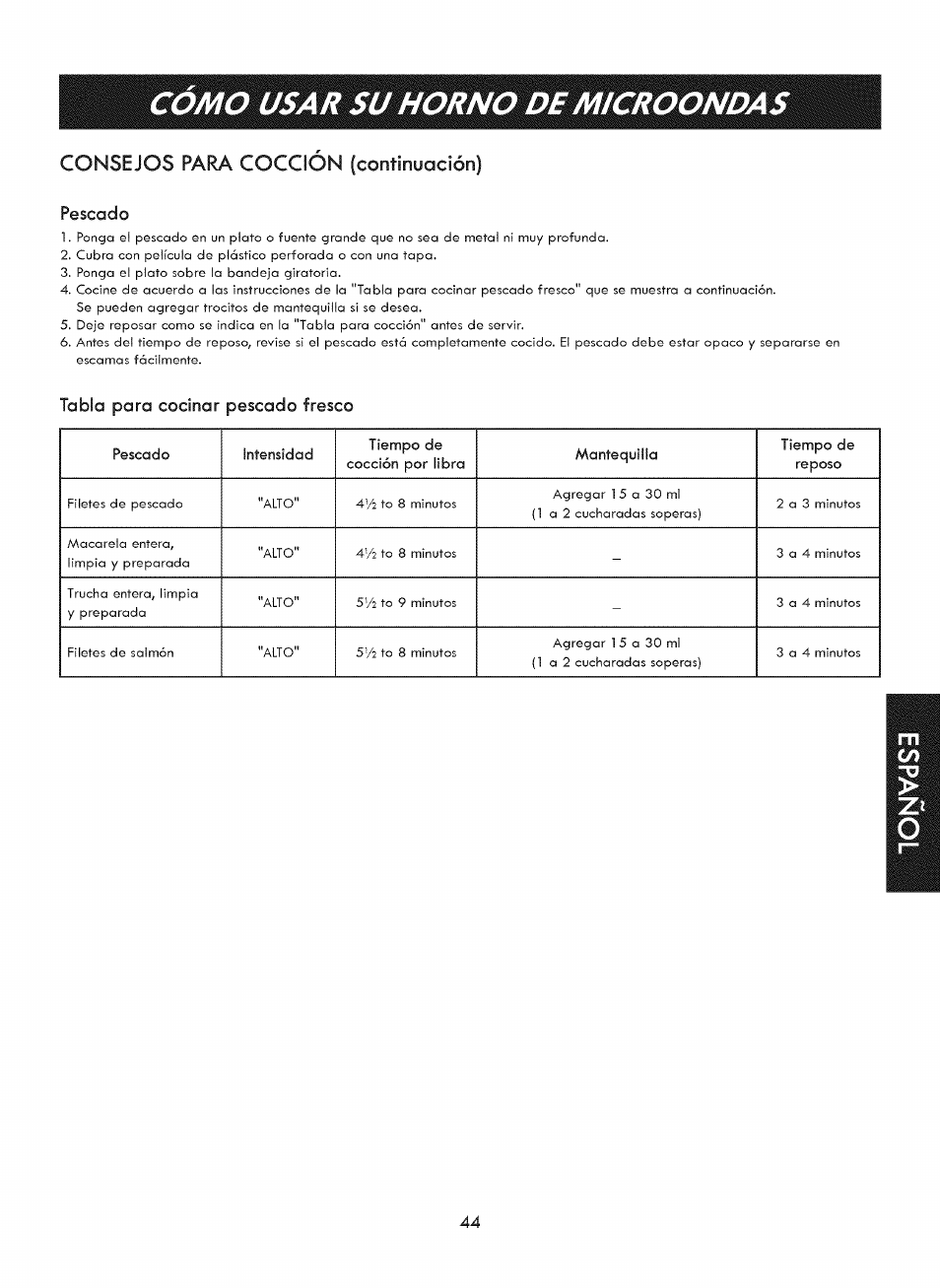 Pescado, Tabla para cocinar pescado fresco, Como usar su horno de microondas | Consejos para coccion (continuación) | Kenmore ELITE 721. 7920 User Manual | Page 44 / 51