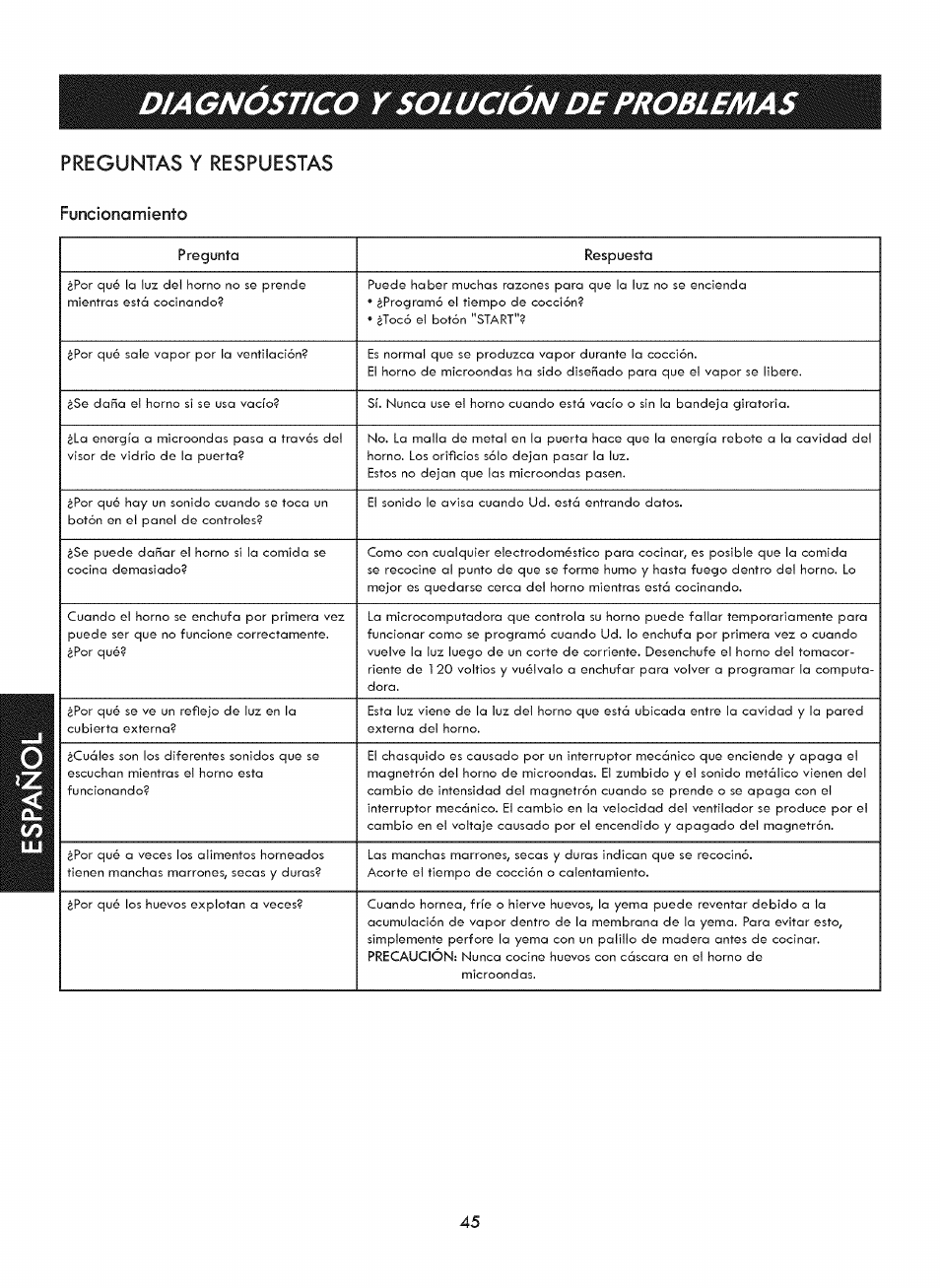 Funcionamiento, Diagnostico y solucion de problemas, Preguntas y respuestas | Kenmore ELITE 721. 7920 User Manual | Page 45 / 51