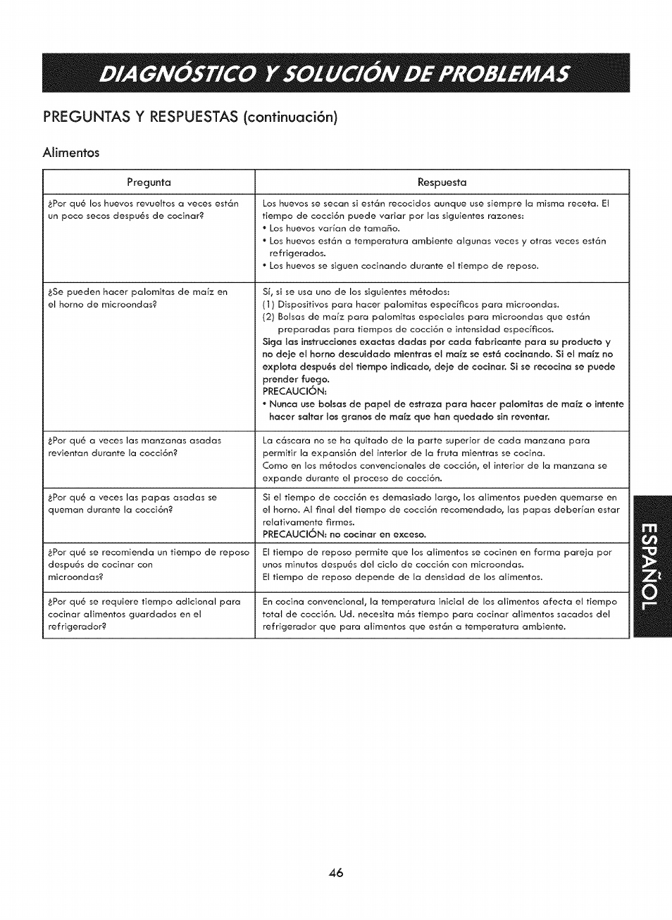 Alimentos, Diagnostico y solucion de problemas, Preguntas y respuestas (continuación) | Kenmore ELITE 721. 7920 User Manual | Page 46 / 51