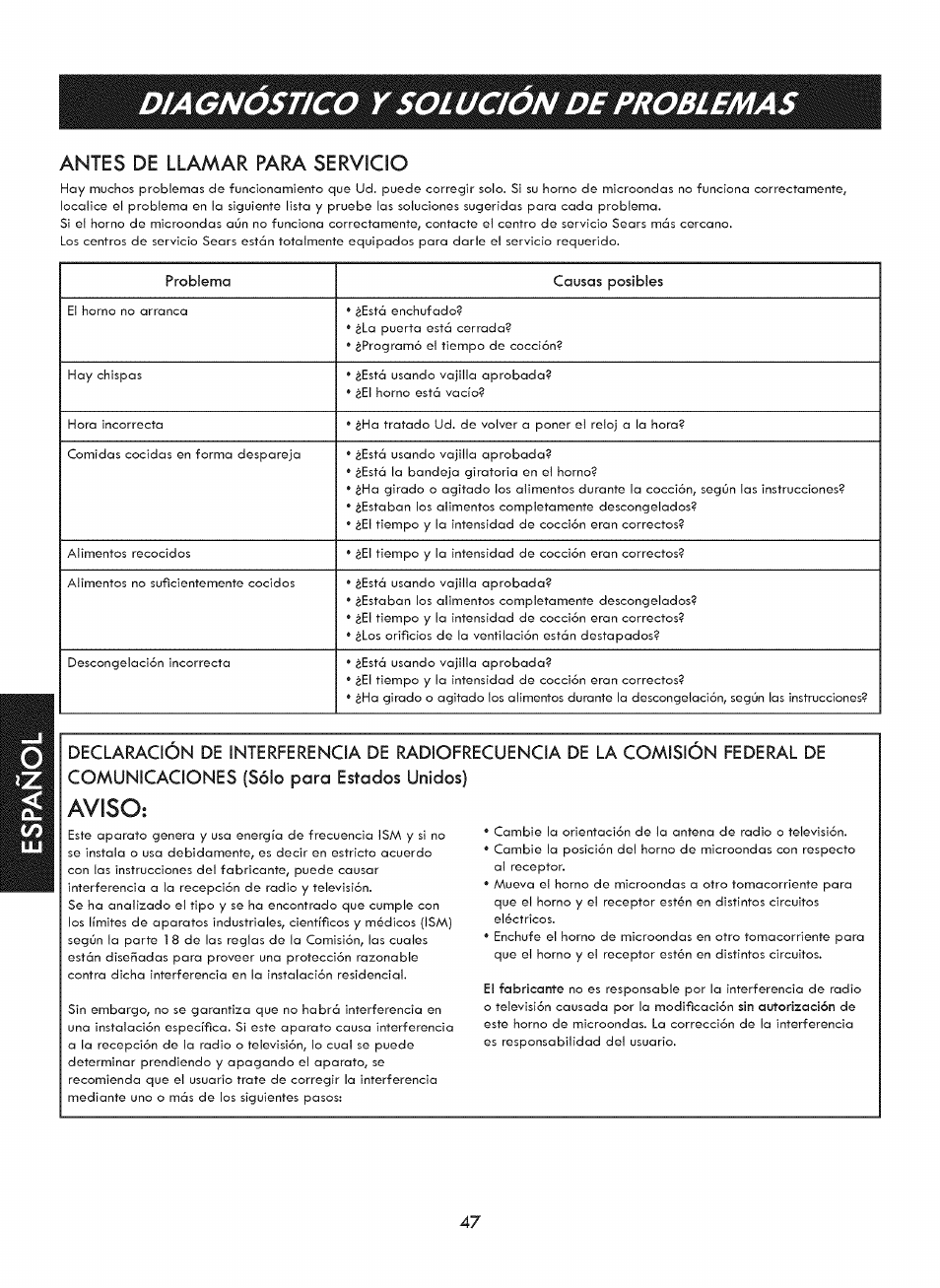 Antes de llamar para servicio, Diagnostico y solucion de problemas | Kenmore ELITE 721. 7920 User Manual | Page 47 / 51