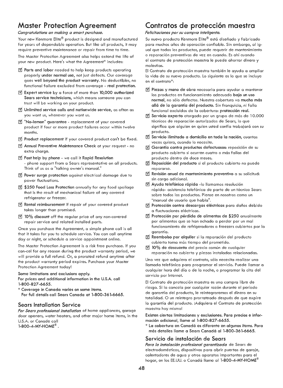 Sears installation service, Contratos de protección maestra, Servicio de instalación de sears | Master protection agreement | Kenmore ELITE 721. 7920 User Manual | Page 48 / 51