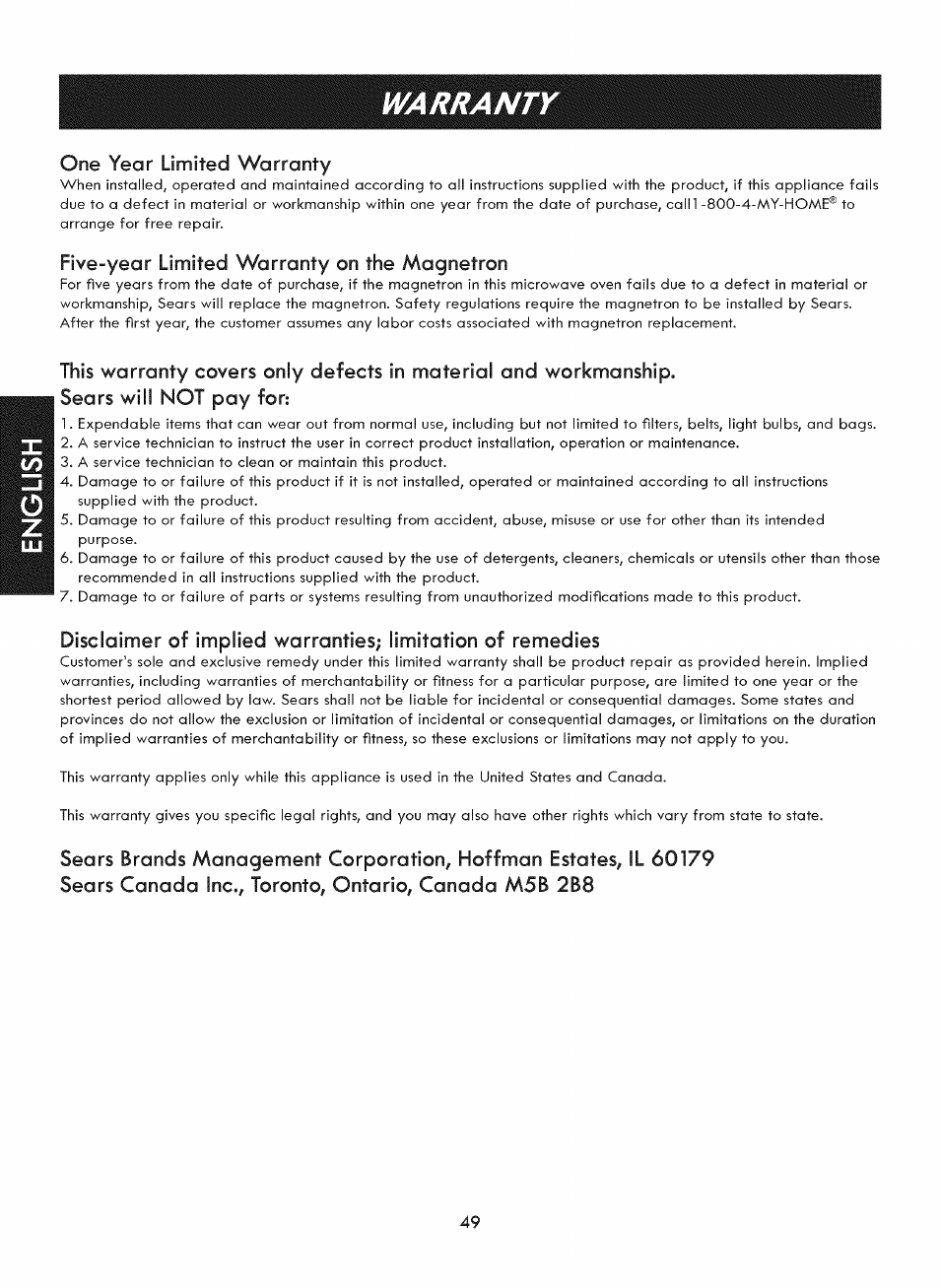 One year limited warranty, Five-year limited warranty on the magnetron, Sears will not pay for | Warrant, Msb 2b8 | Kenmore ELITE 721. 7920 User Manual | Page 49 / 51