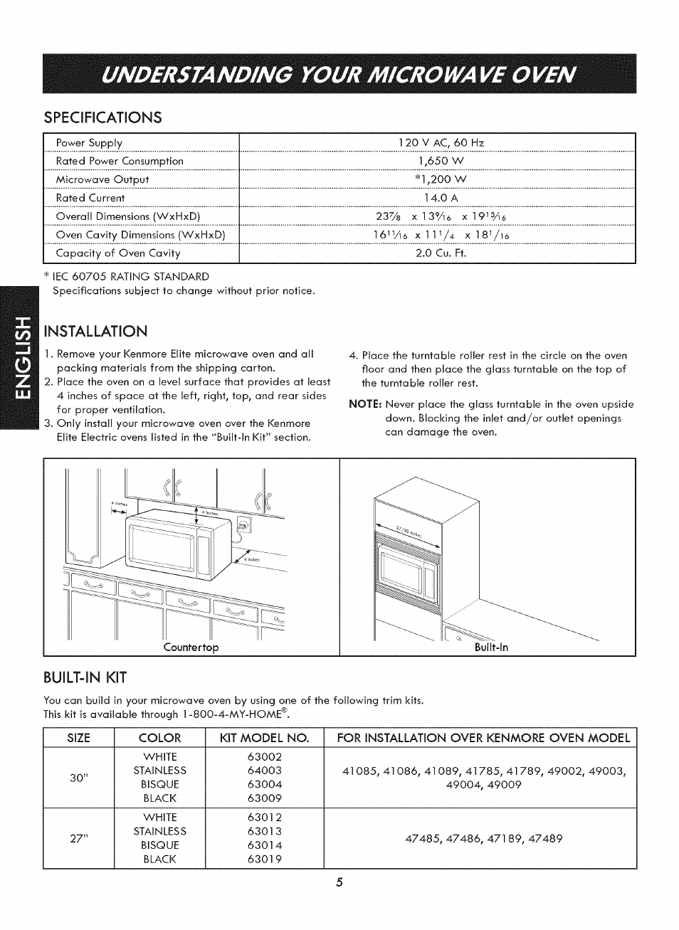 Installation, Built-in kit, Understanding your microwa ve oven | Specifications | Kenmore ELITE 721. 7920 User Manual | Page 5 / 51