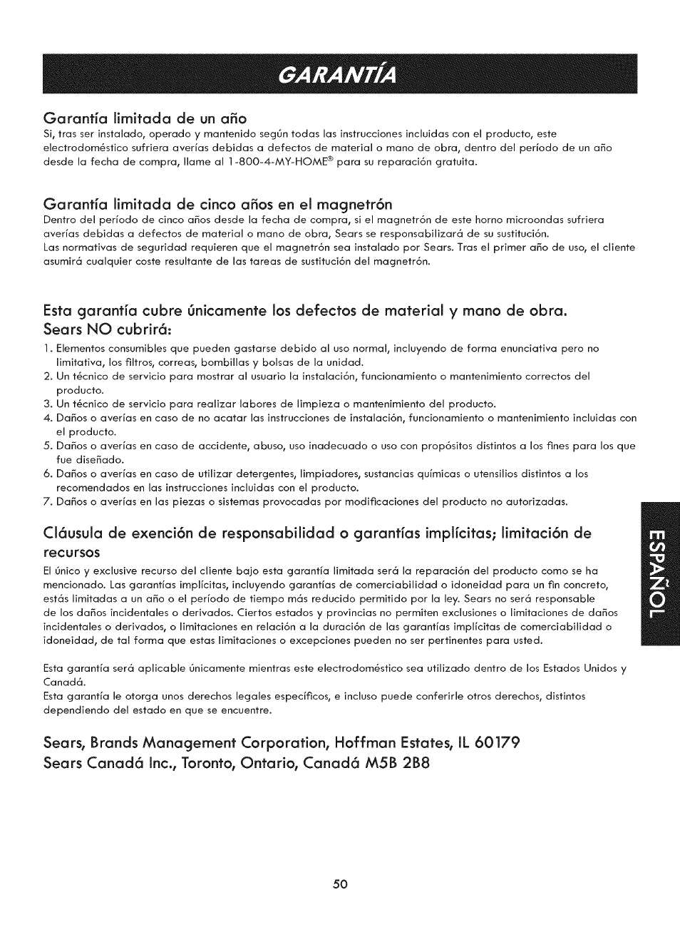 Garantía limitada de un año, Garantía limitada de cinco años en el magnetrón, Sears no cubrirá | Garantia, Msb 2b8 | Kenmore ELITE 721. 7920 User Manual | Page 50 / 51