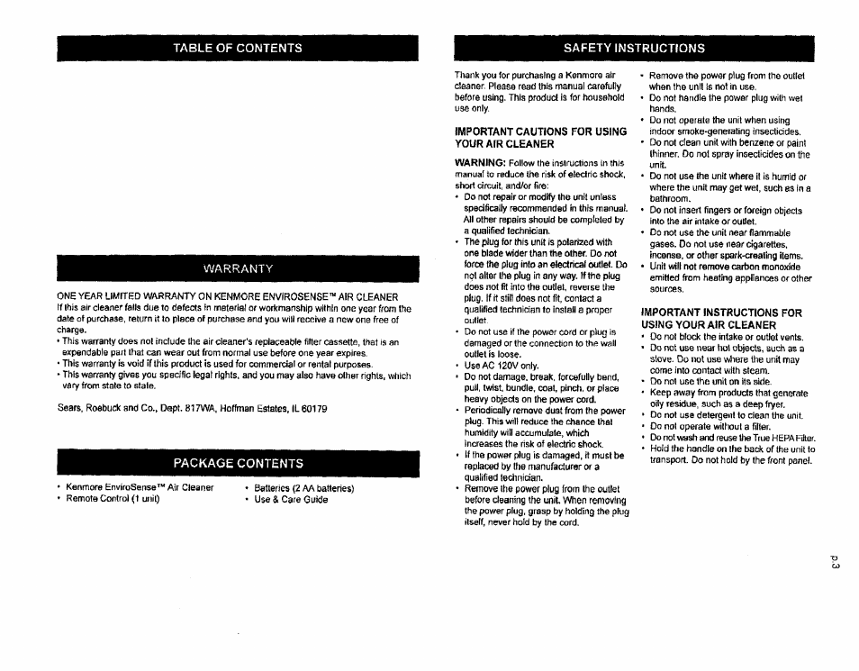 Important cautions for using your air cleaner, Important instructions for, Using your air cleaner | Table of contents safety instructions warranty, Package contents | Kenmore ENVIROSENSE 85500 User Manual | Page 2 / 13