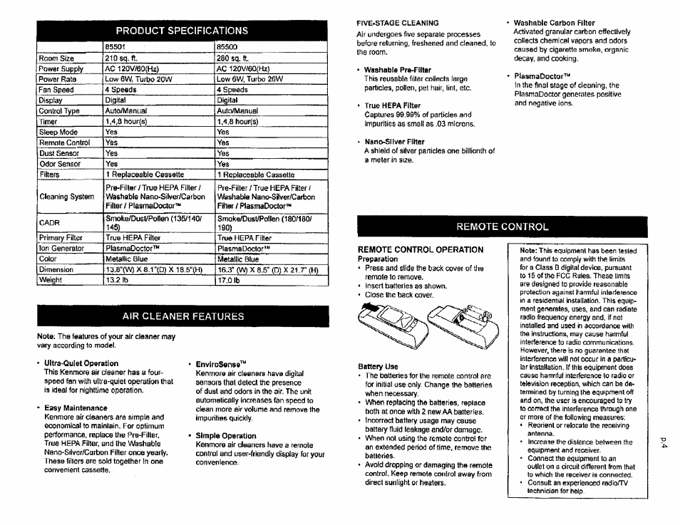 Remote control operation preparation, Product specifications, Air cleaner features | Remote control | Kenmore ENVIROSENSE 85500 User Manual | Page 3 / 13