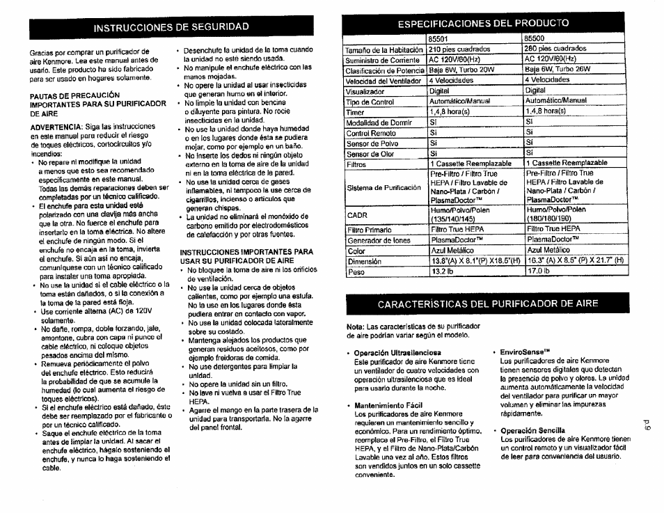 Características del purificador de aire | Kenmore ENVIROSENSE 85500 User Manual | Page 8 / 13