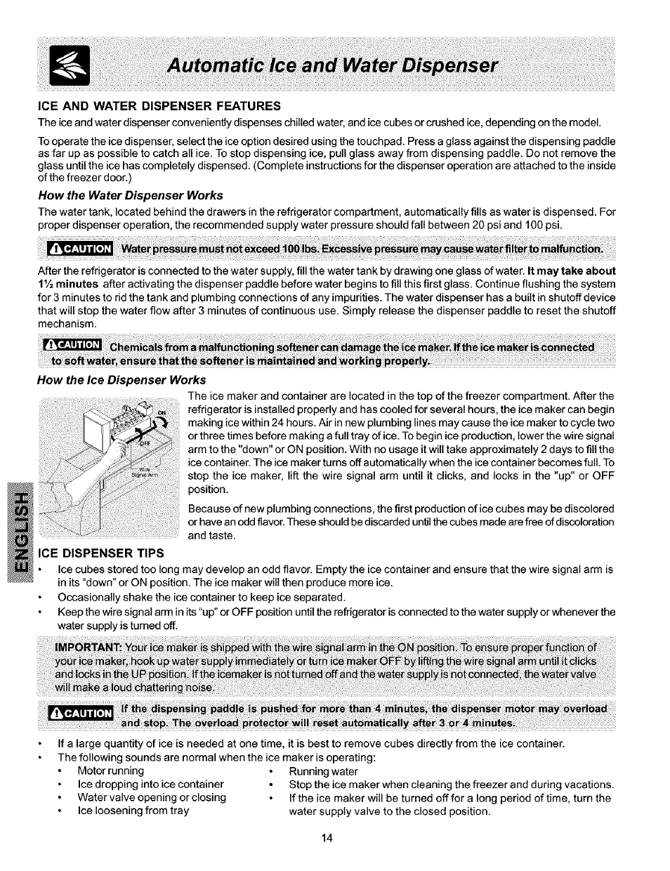 Automatic ice and water dispenser, Ice and water dispenser features | Kenmore 25354703404 User Manual | Page 14 / 24