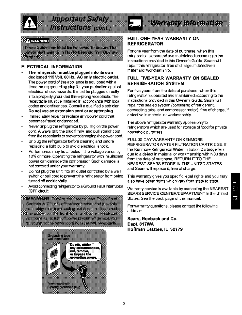 Important safety, Warranty information, Instructions (cotil) | Kenmore 25354703404 User Manual | Page 3 / 24