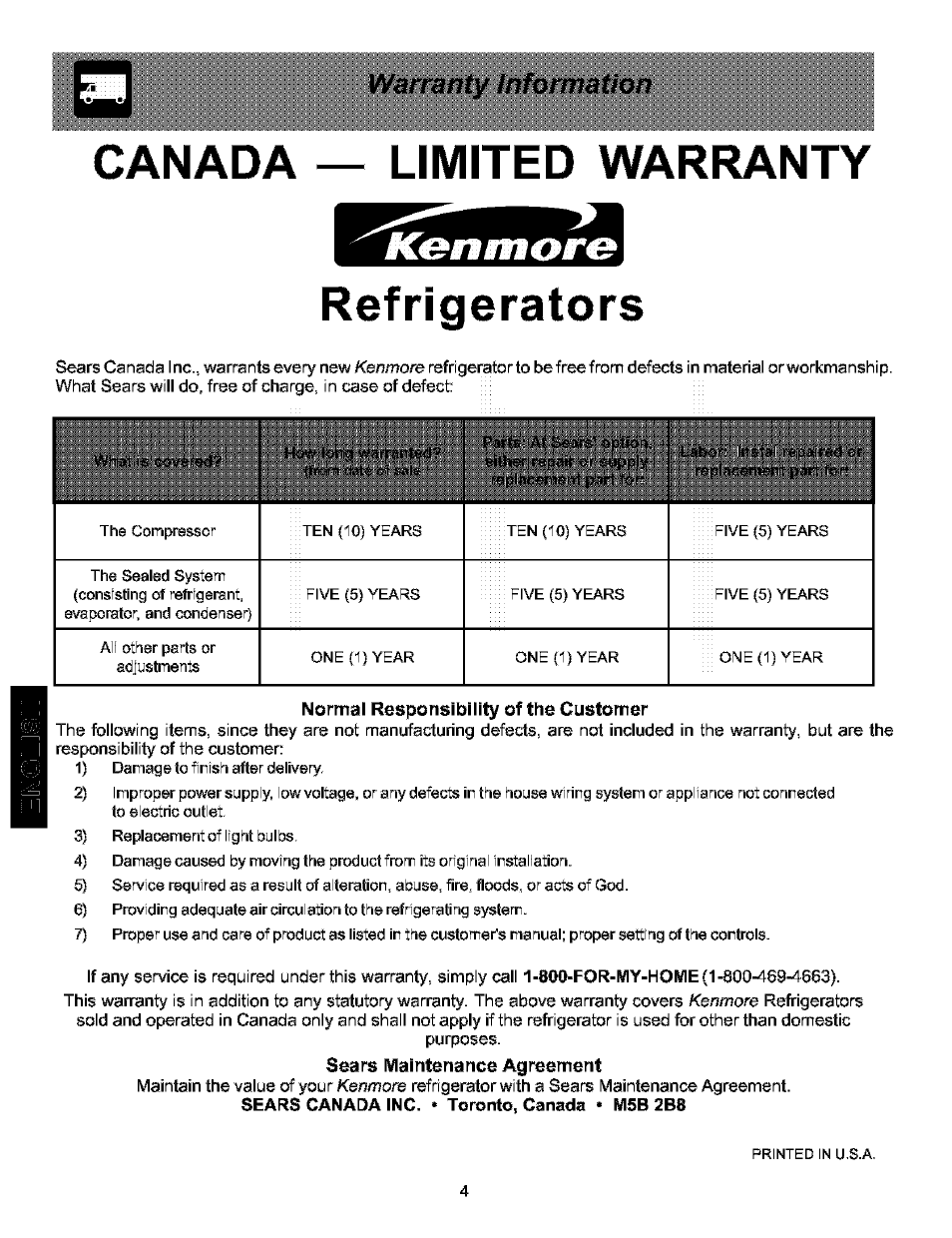 Canada — limited warranty, Refrigerators, Normal responsibility of the customer | Sears maintenance agreement, Canada - limited warranty, Canada — limited warranty refrigerators, Warranty information | Kenmore 25354703404 User Manual | Page 4 / 24