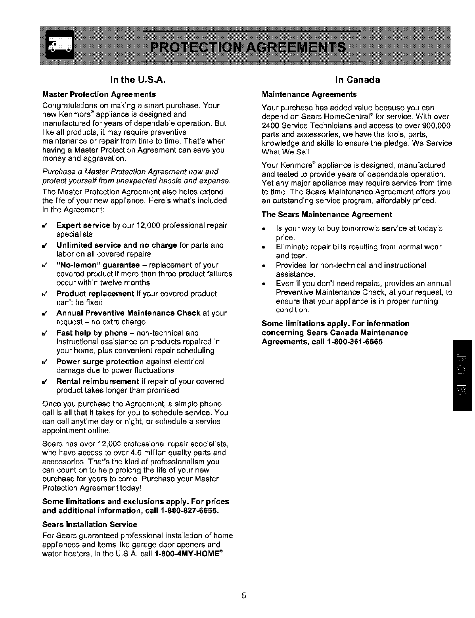 In the u.s.a, Sears installation service, In canada | Protection agreements | Kenmore 25354703404 User Manual | Page 5 / 24