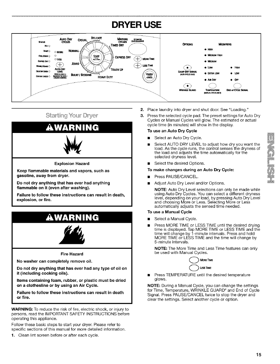 Dryer use awarning, Awarning | Kenmore ELITE HE4 110.9586 User Manual | Page 15 / 48