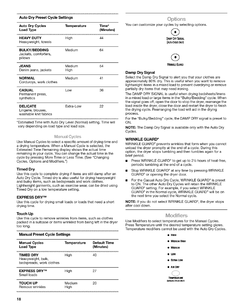 Auto dry preset cycle settings, Nmed dry, Express dry | Touch up, Manual preset cycle settings, Damp dry signal, Wrinkle guard, Wrwku g | Kenmore ELITE HE4 110.9586 User Manual | Page 18 / 48