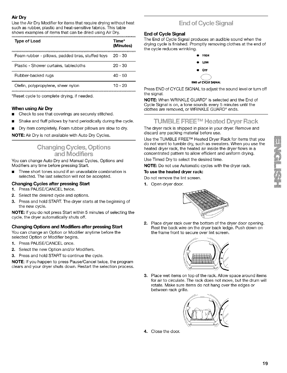 Air dry, When using air dry, Changing cycles after pressing start | End of cycle signal, Tume heated dryer rack | Kenmore ELITE HE4 110.9586 User Manual | Page 19 / 48