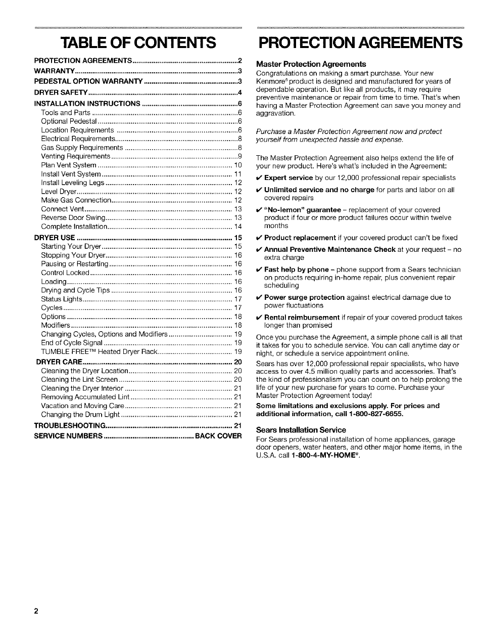 Table of contents protection agreements | Kenmore ELITE HE4 110.9586 User Manual | Page 2 / 48