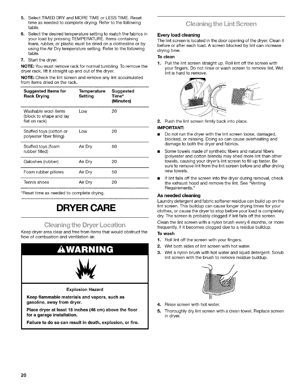 Inqtlie, Every load cleaning, As needed cleaning | Dryer care, Awarning | Kenmore ELITE HE4 110.9586 User Manual | Page 20 / 48