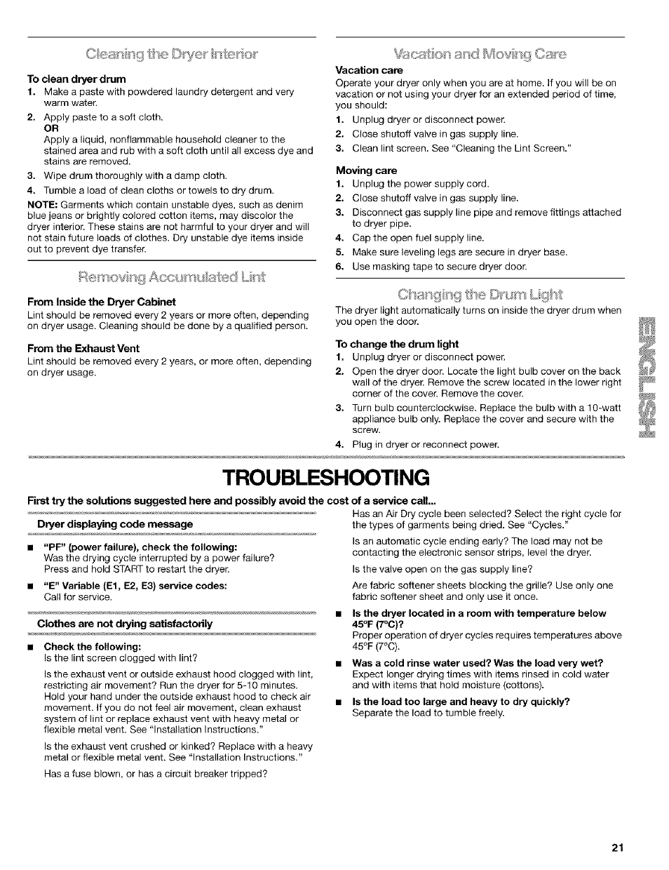 Iritc, To clean dryer drum, From inside the dryer cabinet | From the e^diaust vent, Mcsimm arm ivlowirii, Vacation care, Moving care, Chai, To change the drum light, Dryer displa^ng code message | Kenmore ELITE HE4 110.9586 User Manual | Page 21 / 48