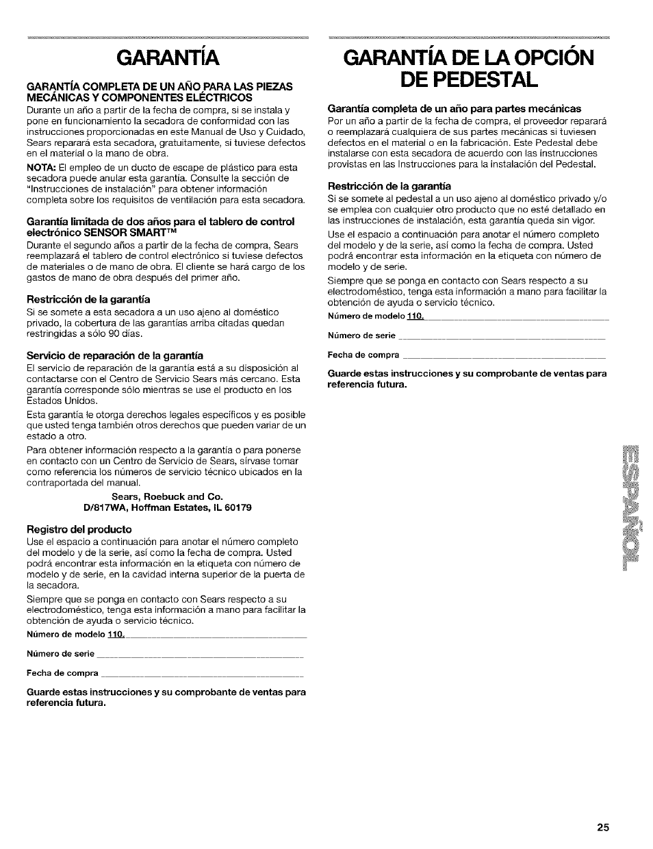 Garantia, Garantia de la opcion de pedestal | Kenmore ELITE HE4 110.9586 User Manual | Page 25 / 48