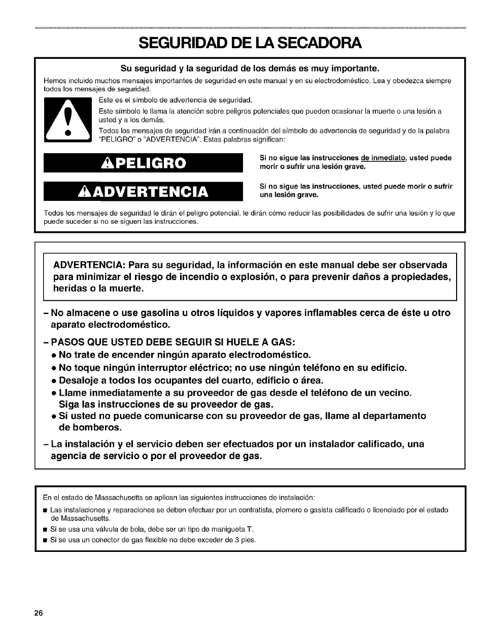 Seguridad de la secadora, Peligro, Advertencia | Kenmore ELITE HE4 110.9586 User Manual | Page 26 / 48