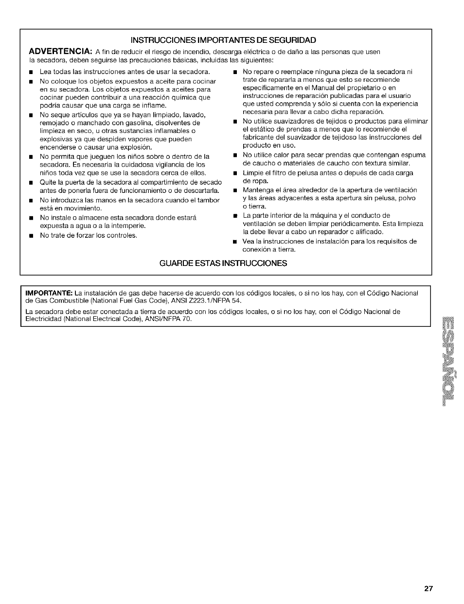 Instrucciones importantes de seguridad advertencia, Guarde estas instrucciones | Kenmore ELITE HE4 110.9586 User Manual | Page 27 / 48