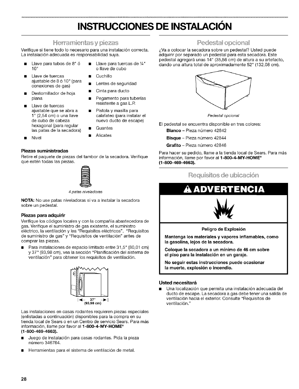 Piezas, Piezas suministradas, Piezas para adquirir | Usted necesitará, Instrucciones de instalacion, A advertencia, Loti | Kenmore ELITE HE4 110.9586 User Manual | Page 28 / 48