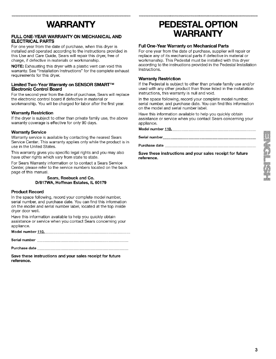 Warranty, Pedestal option warranty | Kenmore ELITE HE4 110.9586 User Manual | Page 3 / 48