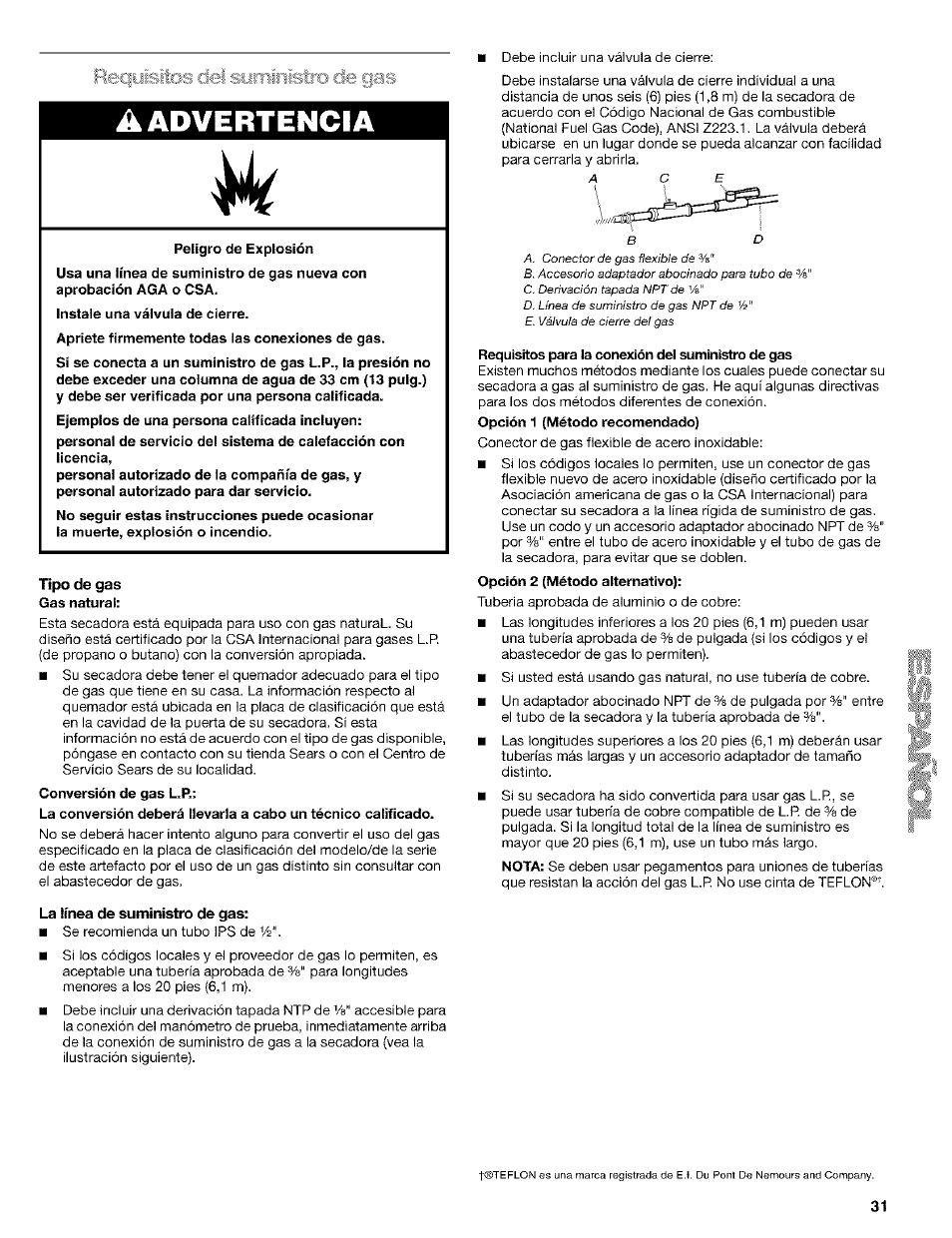 Upo de gas, La línea de suministro de gas, A advertencia | Life, Vs" d | Kenmore ELITE HE4 110.9586 User Manual | Page 31 / 48