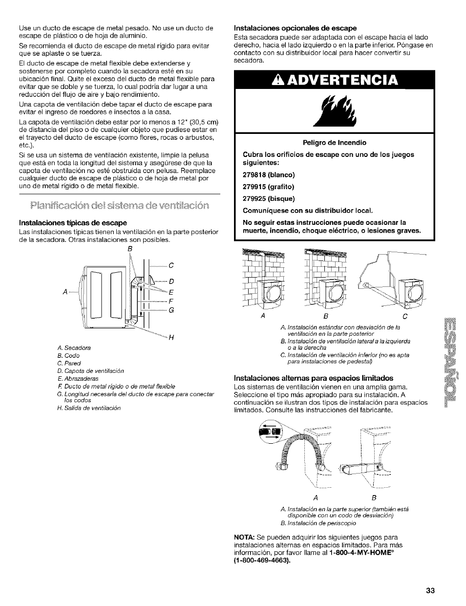 Planiicaciófi del slstsma cié eentiacíóri, Instalaciones típicas de escape, Instalaciones opcionales de escape | Instalaciones alternas para espacios limitados, A advertencia | Kenmore ELITE HE4 110.9586 User Manual | Page 33 / 48