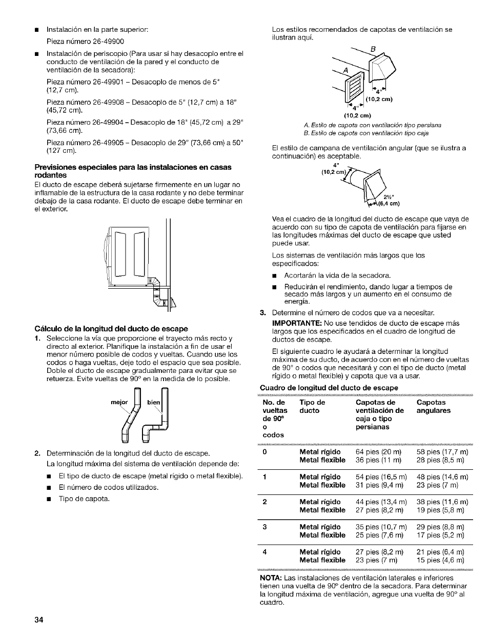 Cálculo de la longitud del ducto de escape | Kenmore ELITE HE4 110.9586 User Manual | Page 34 / 48