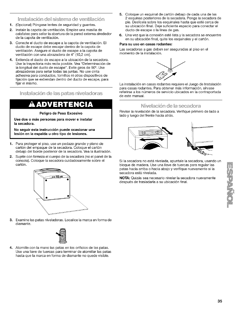 Iristaladón efe las patas ni¥elacl€)ras, Niweiacáón de la secadora, Advertencia | Kenmore ELITE HE4 110.9586 User Manual | Page 35 / 48