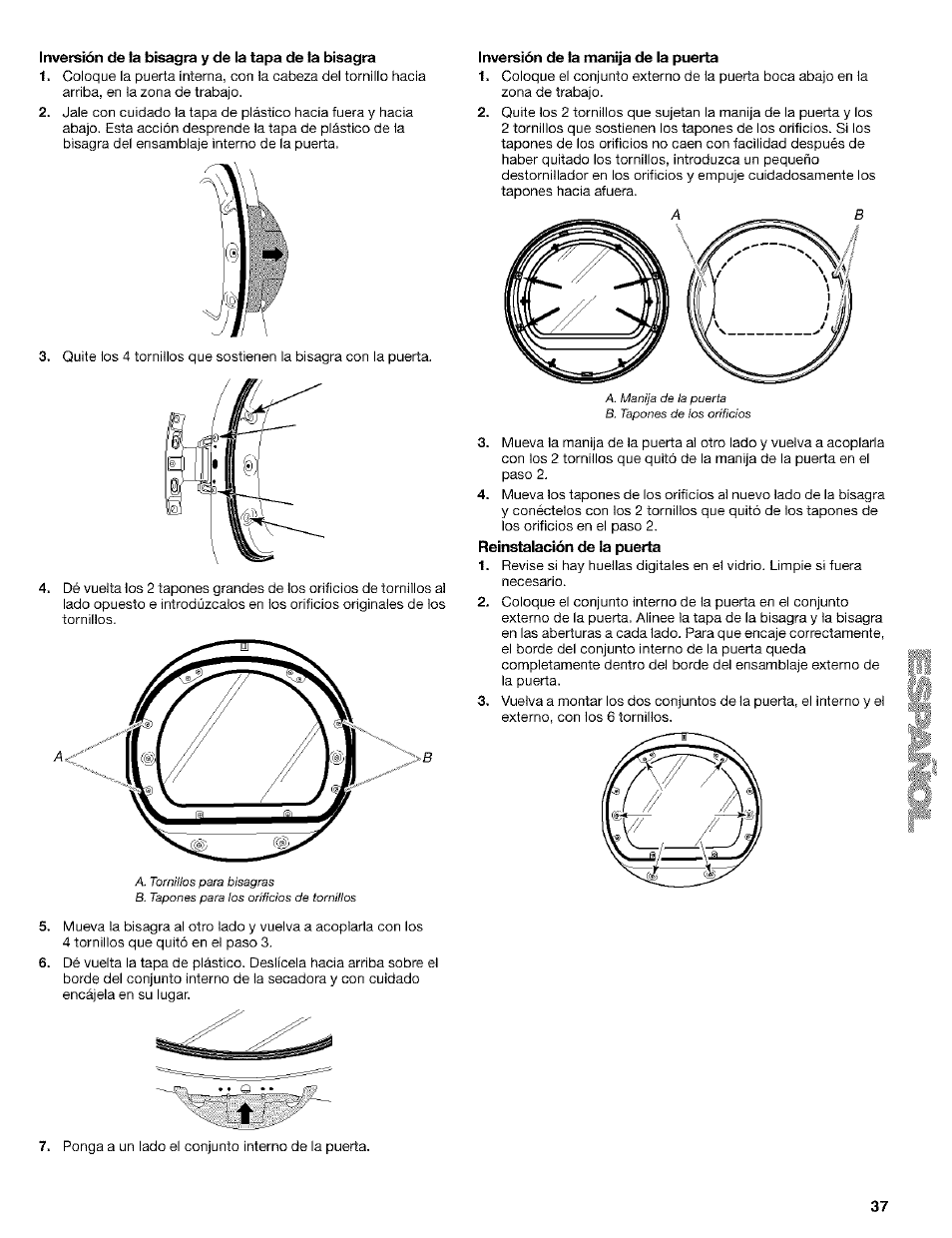 Inversión de la bisagra y de la tapa de la bisagra, Inversión de la manija de la puerta, Reinstalación de la puerta | Kenmore ELITE HE4 110.9586 User Manual | Page 37 / 48