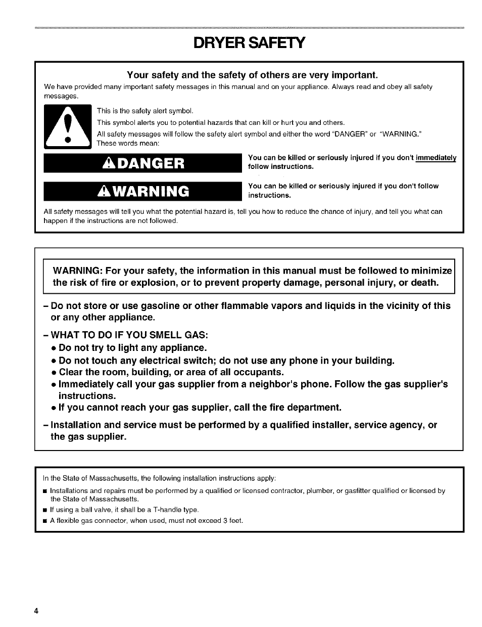 Dryer safety, Adanger, Awarning | Kenmore ELITE HE4 110.9586 User Manual | Page 4 / 48