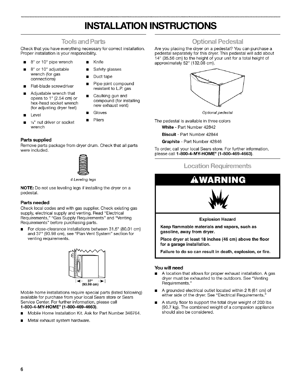 Opitional f%cl©sicil, Location reciyiremeiits, Installation instructions | Awarning | Kenmore ELITE HE4 110.9586 User Manual | Page 6 / 48