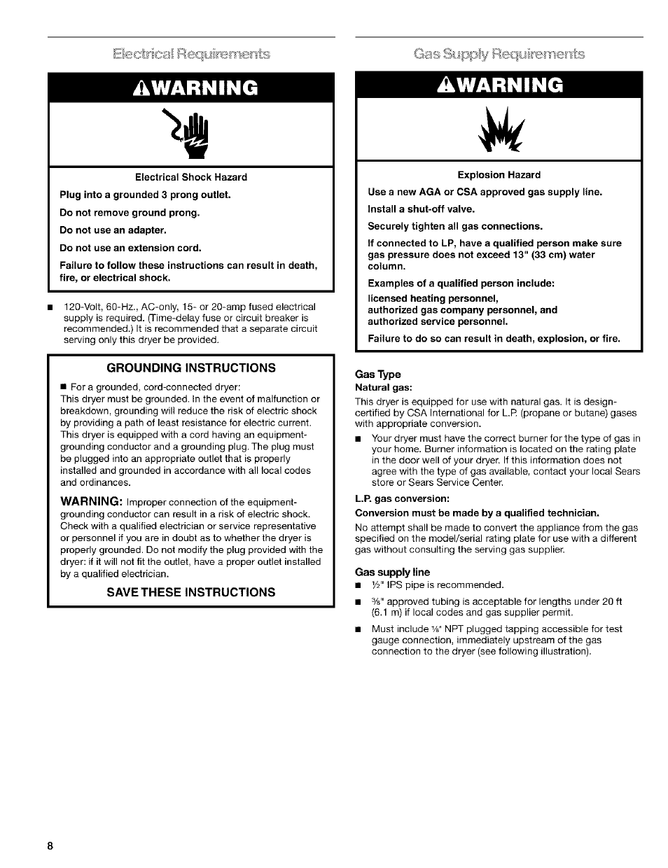 Eiecrtricai recpireittenis, Gas supply reciyiibitieitts, Awarning | Kenmore ELITE HE4 110.9586 User Manual | Page 8 / 48