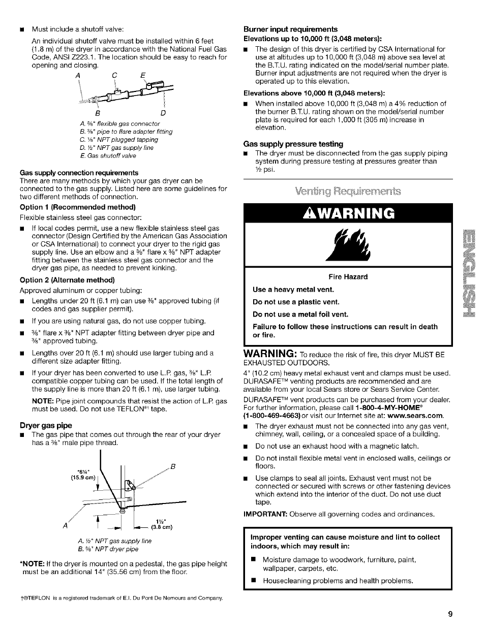 Dryer gas pipe, Gas supply pressure testing, Awarning | Warning | Kenmore ELITE HE4 110.9586 User Manual | Page 9 / 48