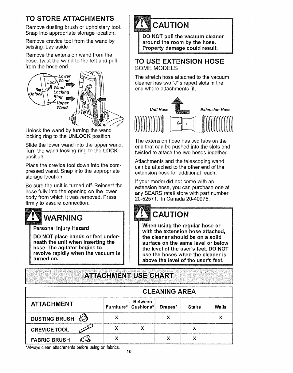 To store attachments, To use extensson hose, Attachment use chart | Warning, Caution | Kenmore 116.32289 User Manual | Page 10 / 44