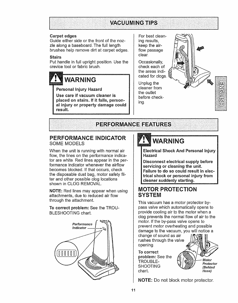 Vacuuming tips, Performance features, Performance indicator | Motor protection system, Warning | Kenmore 116.32289 User Manual | Page 11 / 44