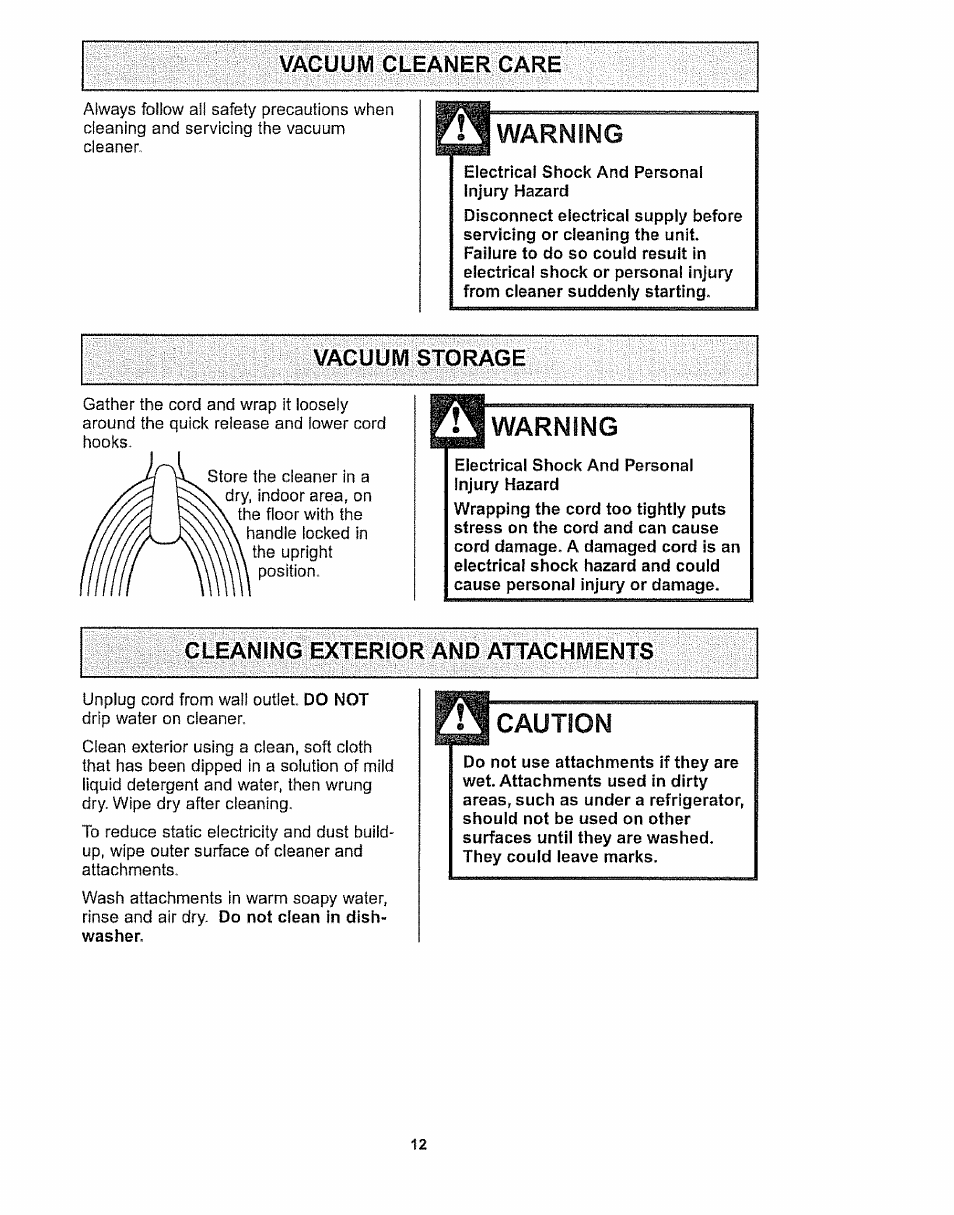 Vacuum cleaner care, Vacuum storage, Cleaning exterior and attachments | Warning, Caution | Kenmore 116.32289 User Manual | Page 12 / 44