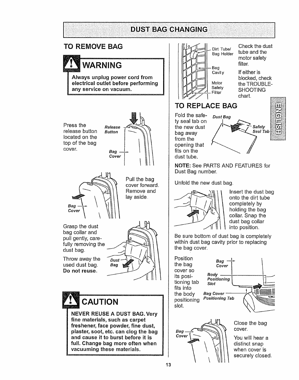 Dust bag changing, To replace bag, Warning | Caution, Remove bag | Kenmore 116.32289 User Manual | Page 13 / 44