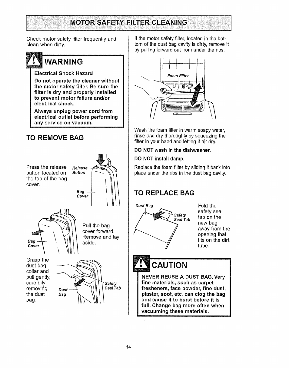 Motor safety filter cleaning, To remove bag, To replace bag | Motor safety filter cleaning -15, Warning, Caution | Kenmore 116.32289 User Manual | Page 14 / 44