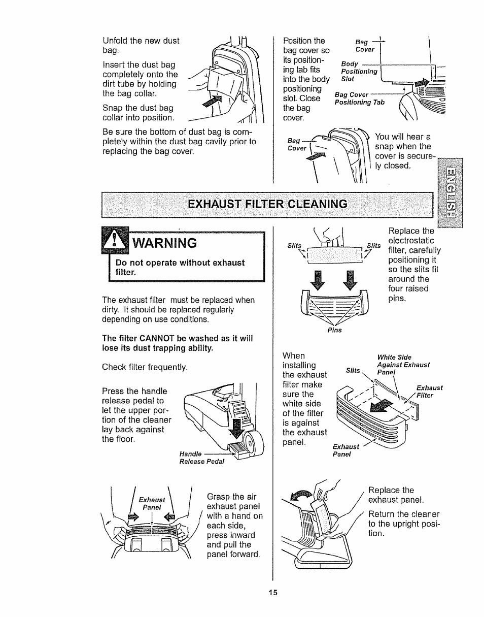 Warning, Exhaust filter cleaning | Kenmore 116.32289 User Manual | Page 15 / 44