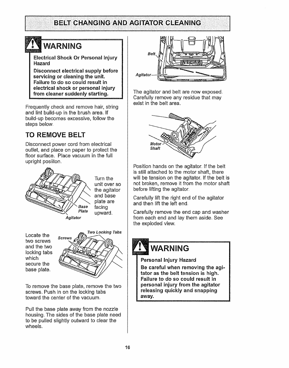 Belt changing and agitator cleaning, To remove belt, Warning | Kenmore 116.32289 User Manual | Page 16 / 44