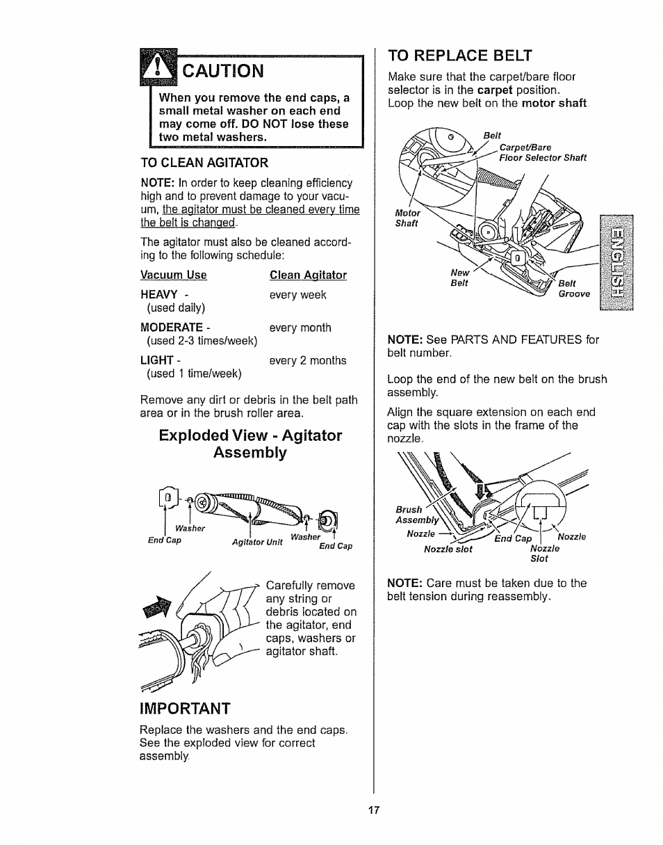 Exploded view - agitator assembly, Important, To replace belt | Caution | Kenmore 116.32289 User Manual | Page 17 / 44