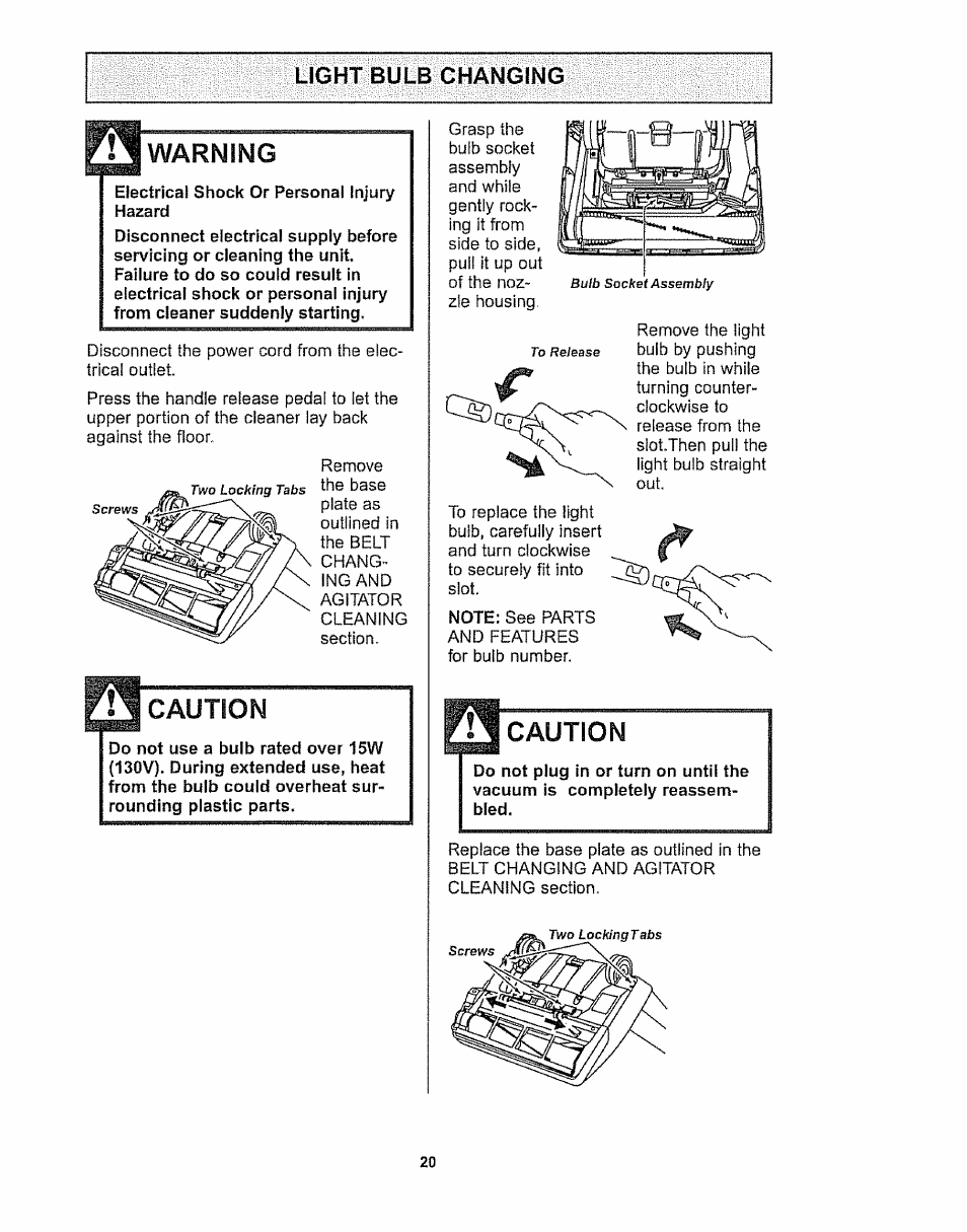 Light bulb changing, Warning, Caution | Kenmore 116.32289 User Manual | Page 20 / 44