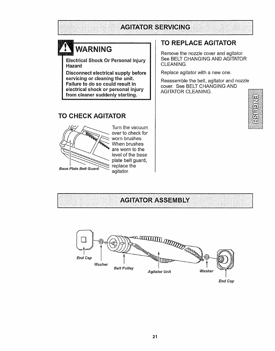 Agitator servicing, To check agitator, Agitator assembly | Agitator servicing . . . , agitator assembly, Warning | Kenmore 116.32289 User Manual | Page 21 / 44