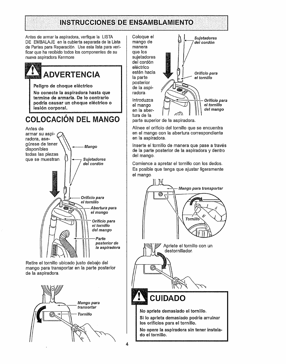 Instrucciones de ensamblamiento, Advertencia, Cuidado | Colocación del mango | Kenmore 116.32289 User Manual | Page 26 / 44