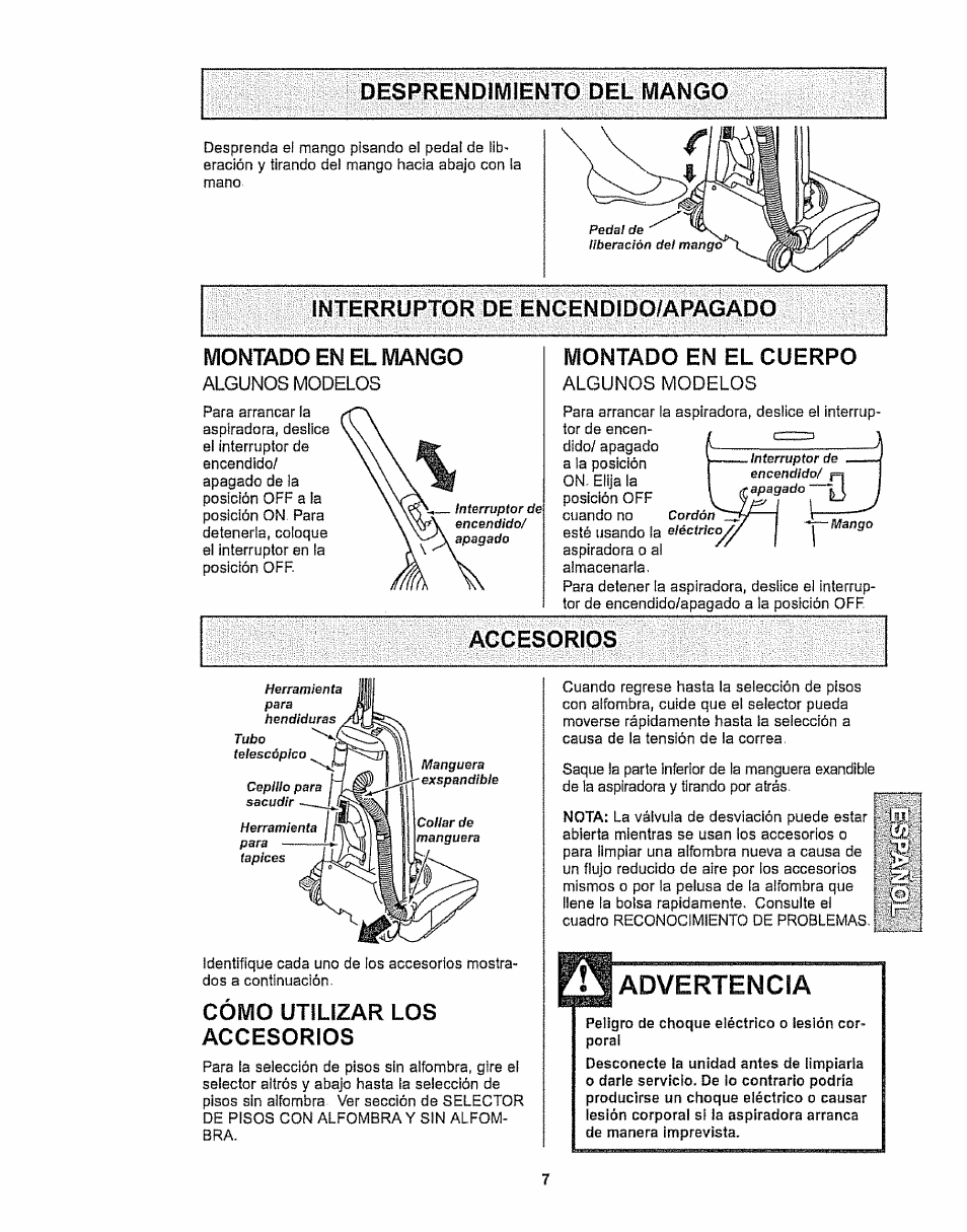 Montado en el mango, Cómo utilizar los accesorios, Montado en el cuerpo | Kenmore 116.32289 User Manual | Page 29 / 44