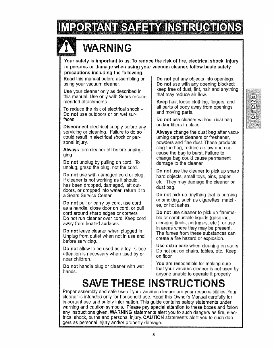 Important safety instructions, Warning, Save these instructions | Kenmore 116.32289 User Manual | Page 3 / 44