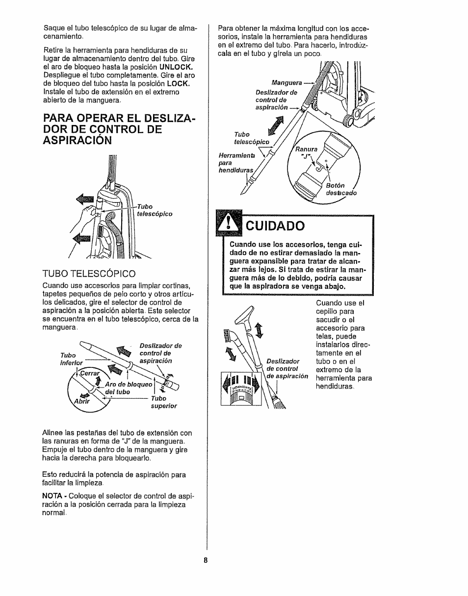 Para operar el deslizador de control de aspiración, Cuidado | Kenmore 116.32289 User Manual | Page 30 / 44