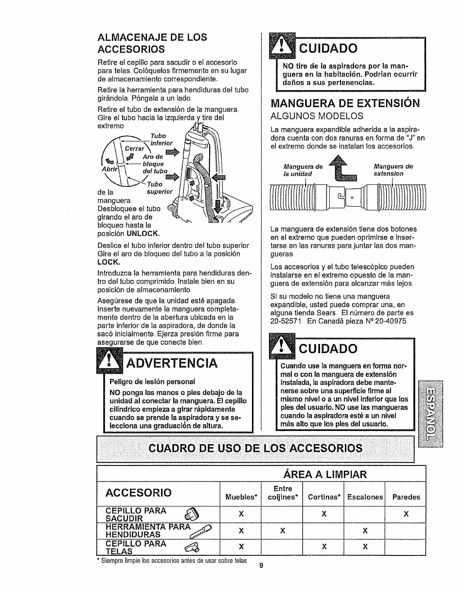 Almacenaje de los accesorios, Manguera de extension, Cuadro de uso de los accesorios | Cuidado, Advertencia | Kenmore 116.32289 User Manual | Page 31 / 44